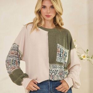 7th Ray Two-Tone Olive Green and Blush Patchwork Long Sleeve Top